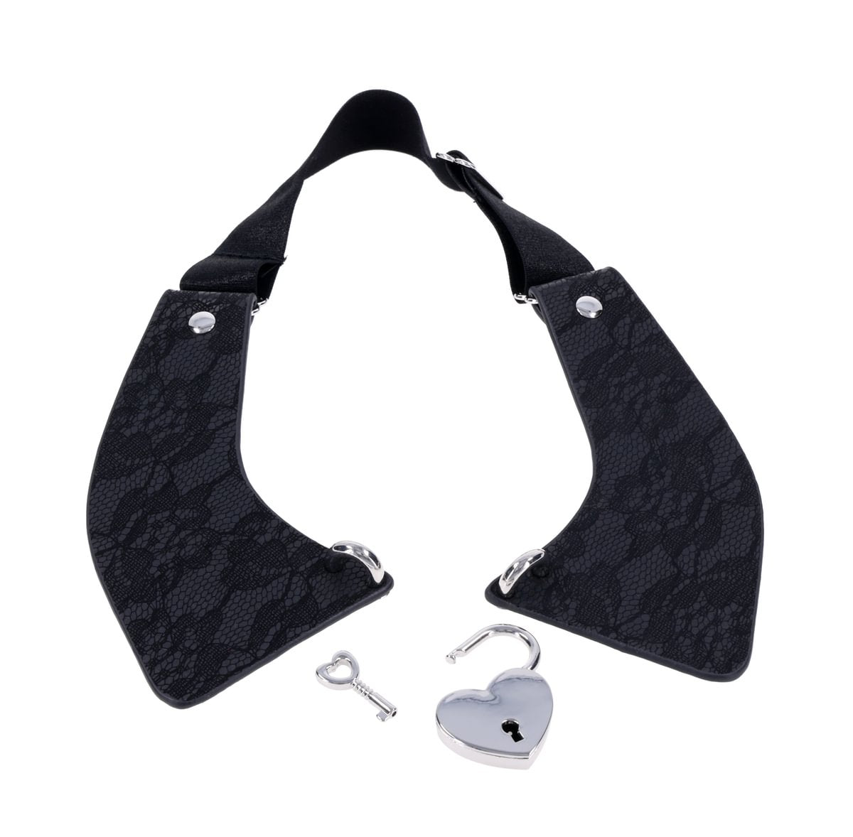 Black lace day collar with a heart-shaped lock and key.