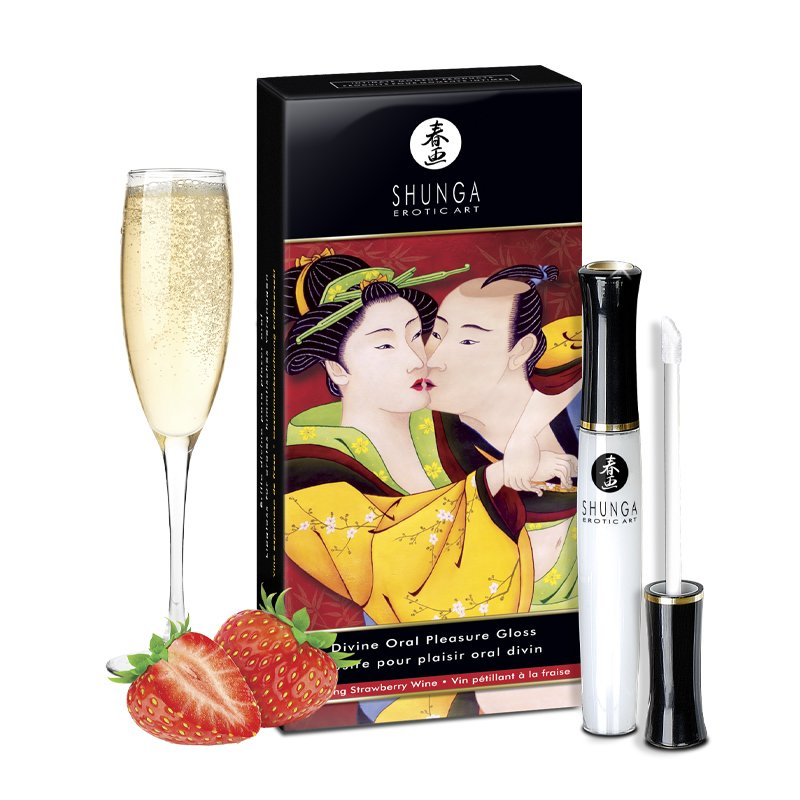 Shunga Sensual Oral Pleasure Lipgloss in Strawberry Wine with a champagne flute and strawberries.