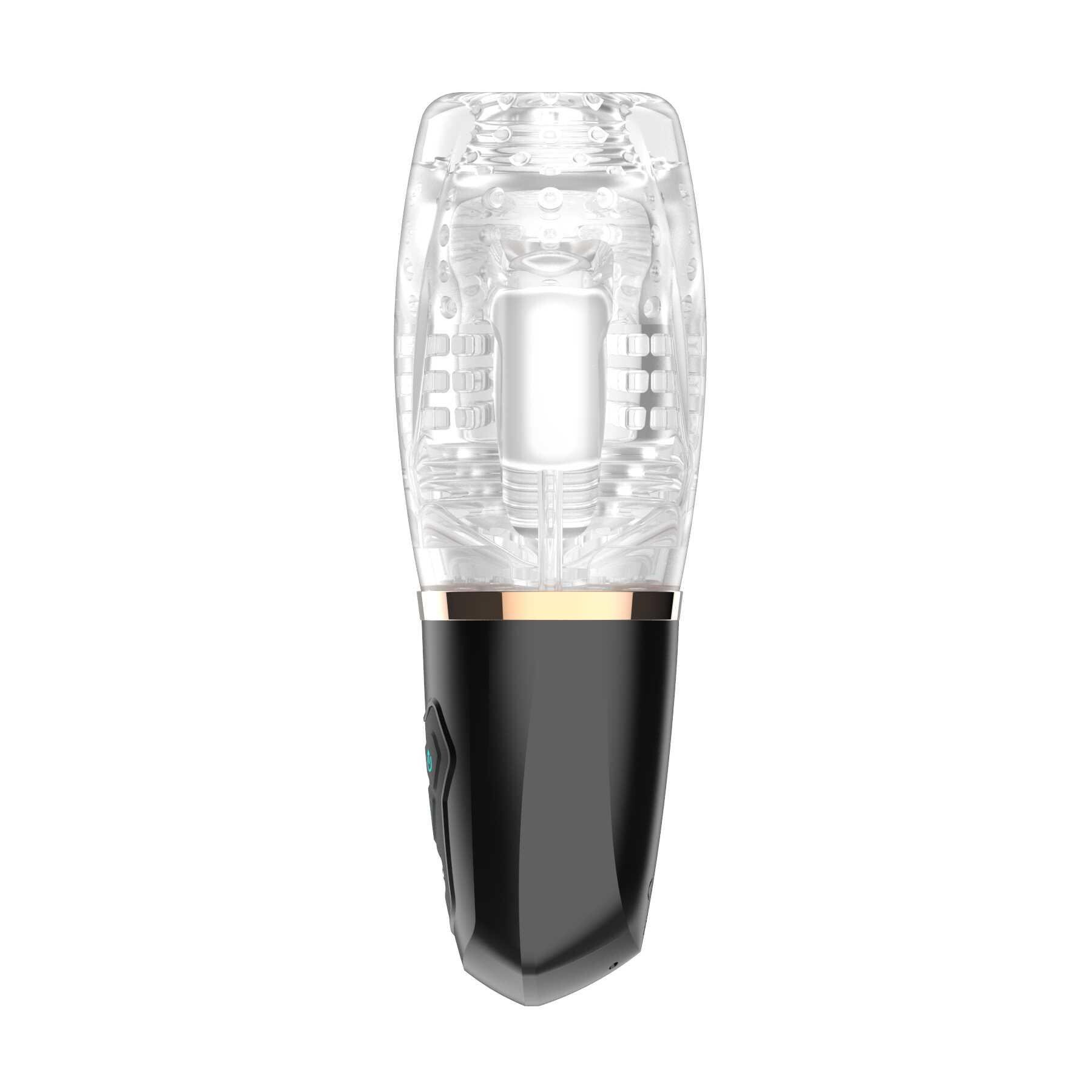 A clear vibrating sleeve with a black base and gold trim.