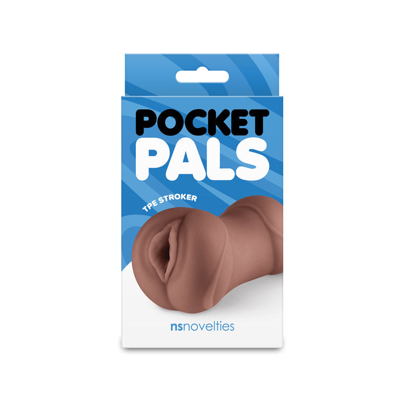 Brown TPE vagina stroker with "POCKET PALS" branding.