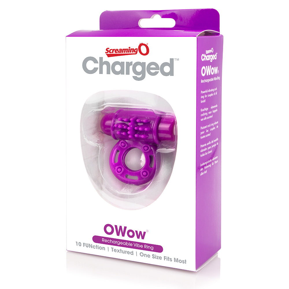 Purple vibrating cock ring with textured nubs and a ring.