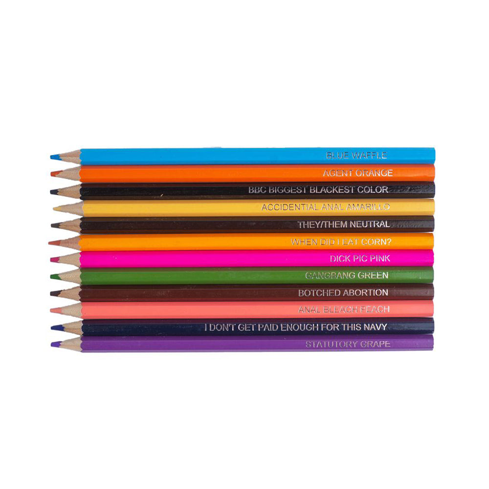 A set of 12 colored pencils with offensive color names printed on them.