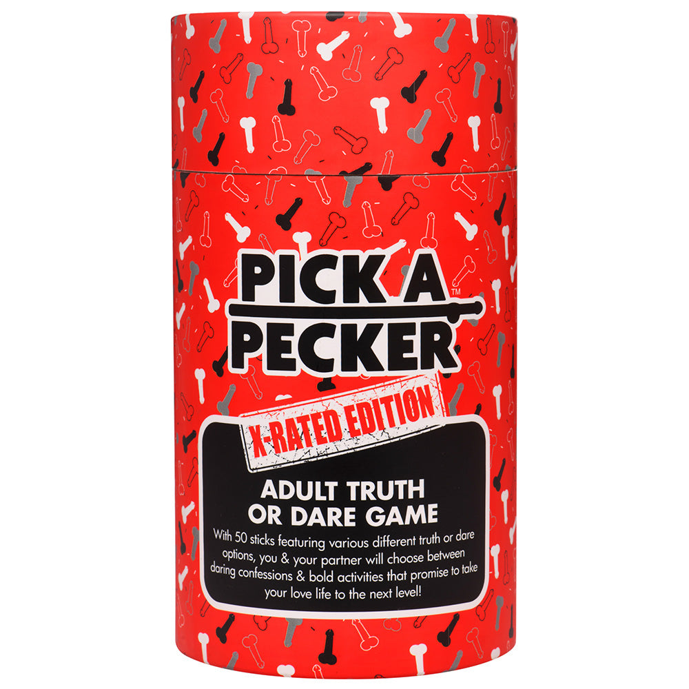 A red cylindrical box with a pattern of phallic symbols, titled "Pick A Pecker Adult Truth or Dare Game".