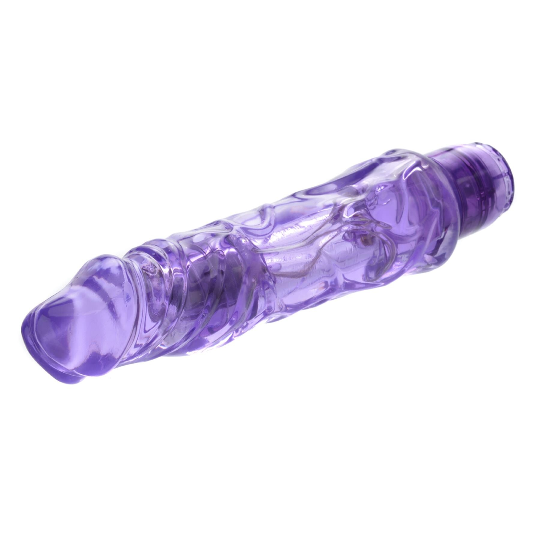 A purple textured vibrator with a realistic phallic shape.
