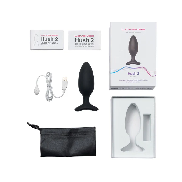 Lovense Hush 2 app-controlled vibrating butt plug with charging cable and pouch.