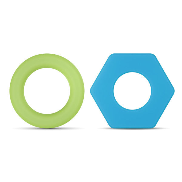 A green ring and a blue hexagon with holes in the center.