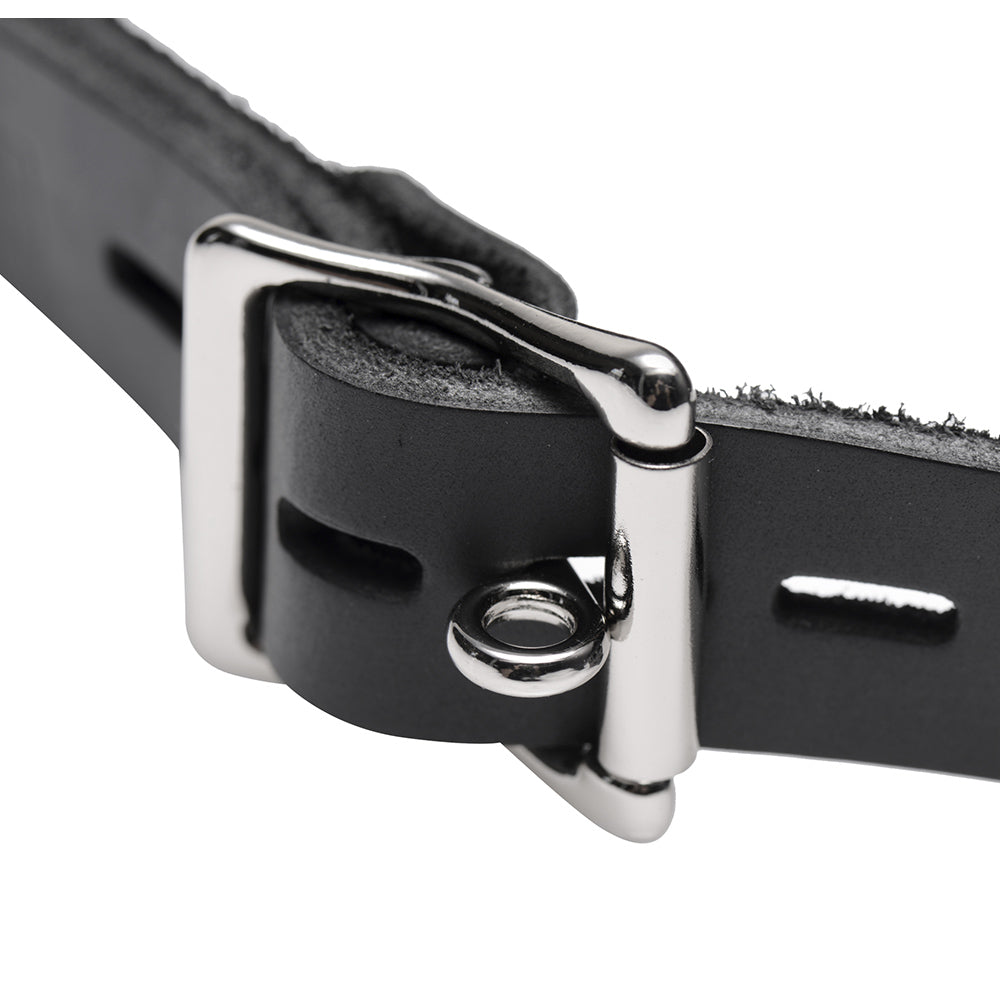 Black leather gag with a silver buckle and ring.