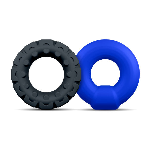 Two silicone cock rings, one textured gray and one smooth blue.