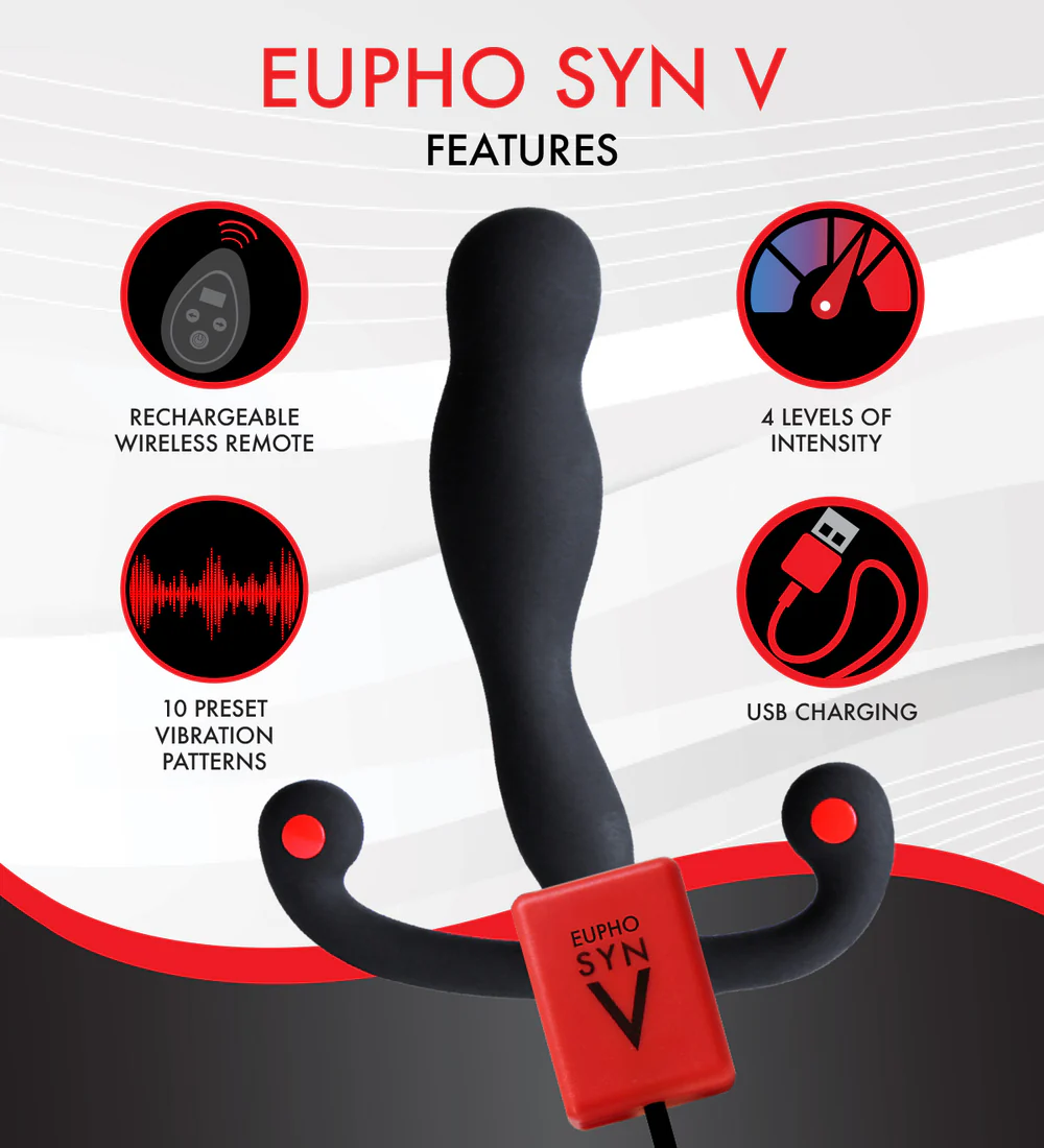Black vibrating prostate massager with remote, 4 intensity levels, 10 vibration patterns, and USB charging.