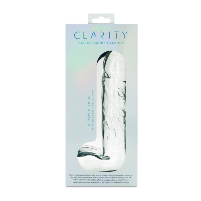 A clear glass dildo with a curved tip, labeled "Seraphic Opus".