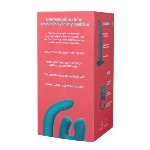A pink box with teal vibrators and text describing a customizable couples' play kit.