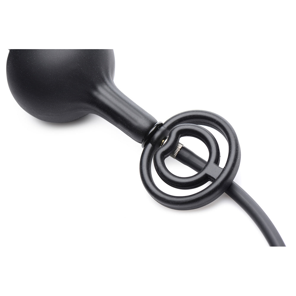 Black inflatable silicone anal plug with a cock ring.