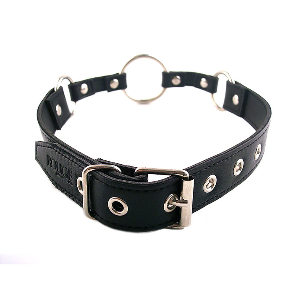 Black leather O-ring gag with adjustable buckle strap.