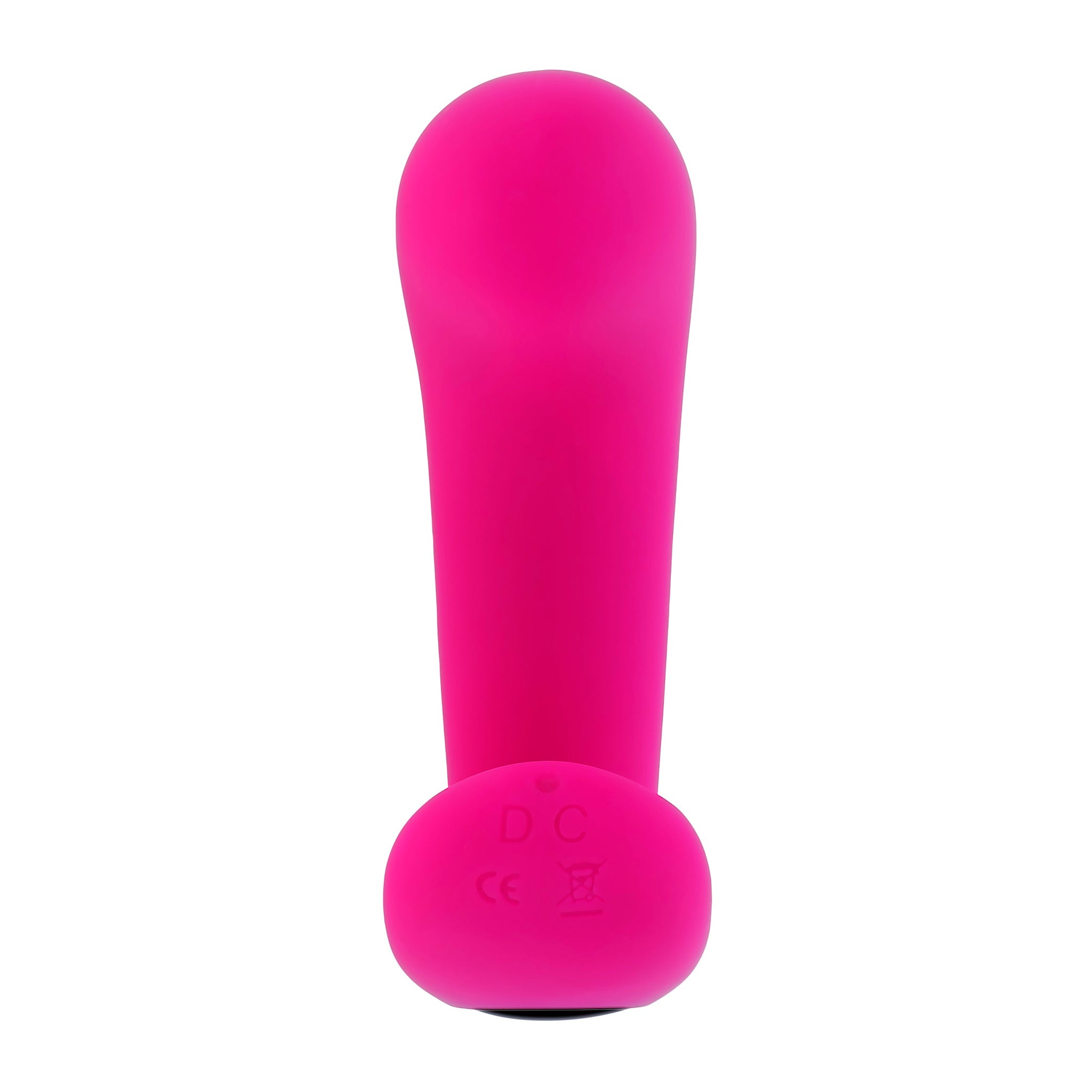 A bright pink, rechargeable silicone prostate massager with a rounded top and a base featuring DC and CE markings.