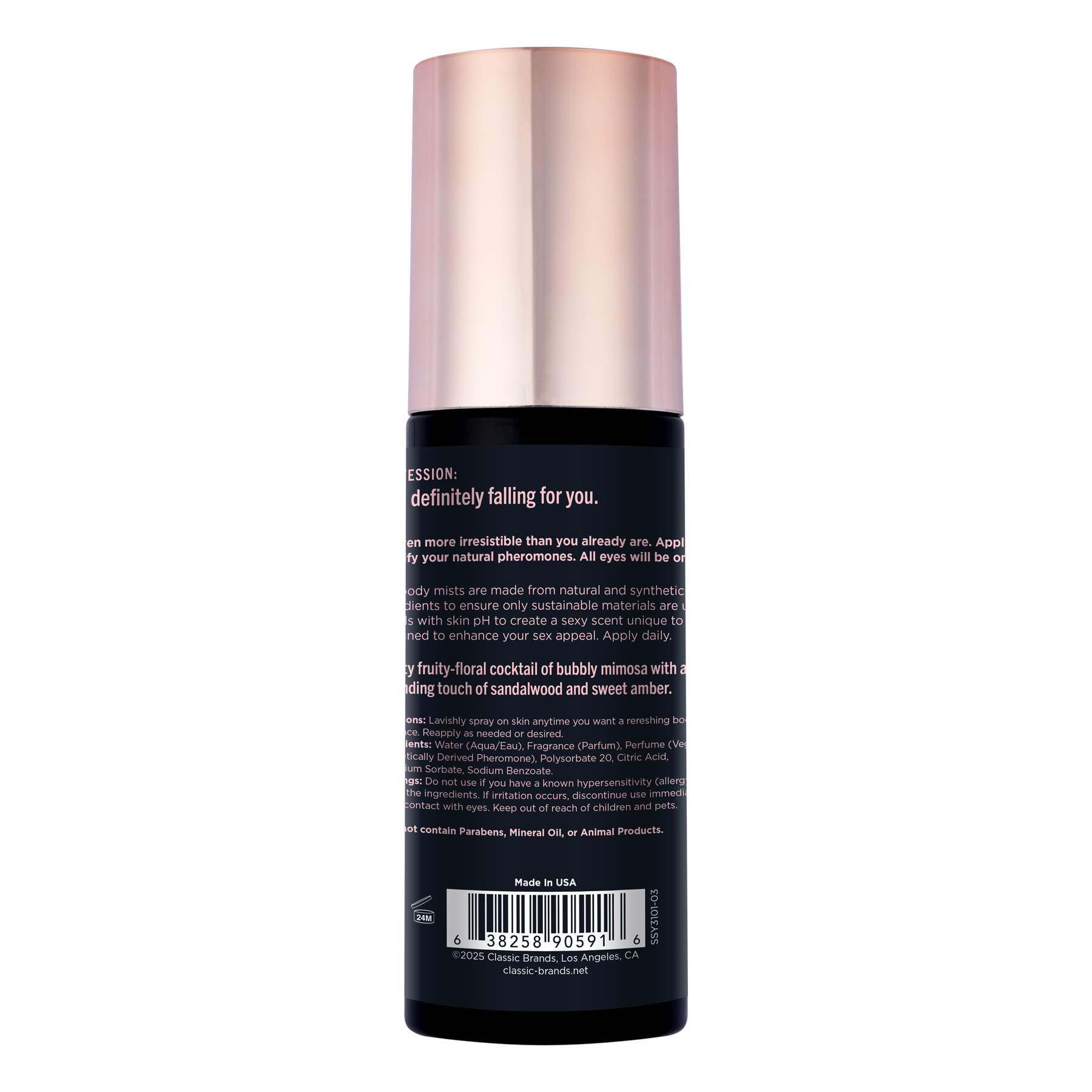 A bottle of Pheromone Body Mist with a rose gold cap.