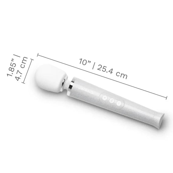 A white wand massager with dimensions indicated.