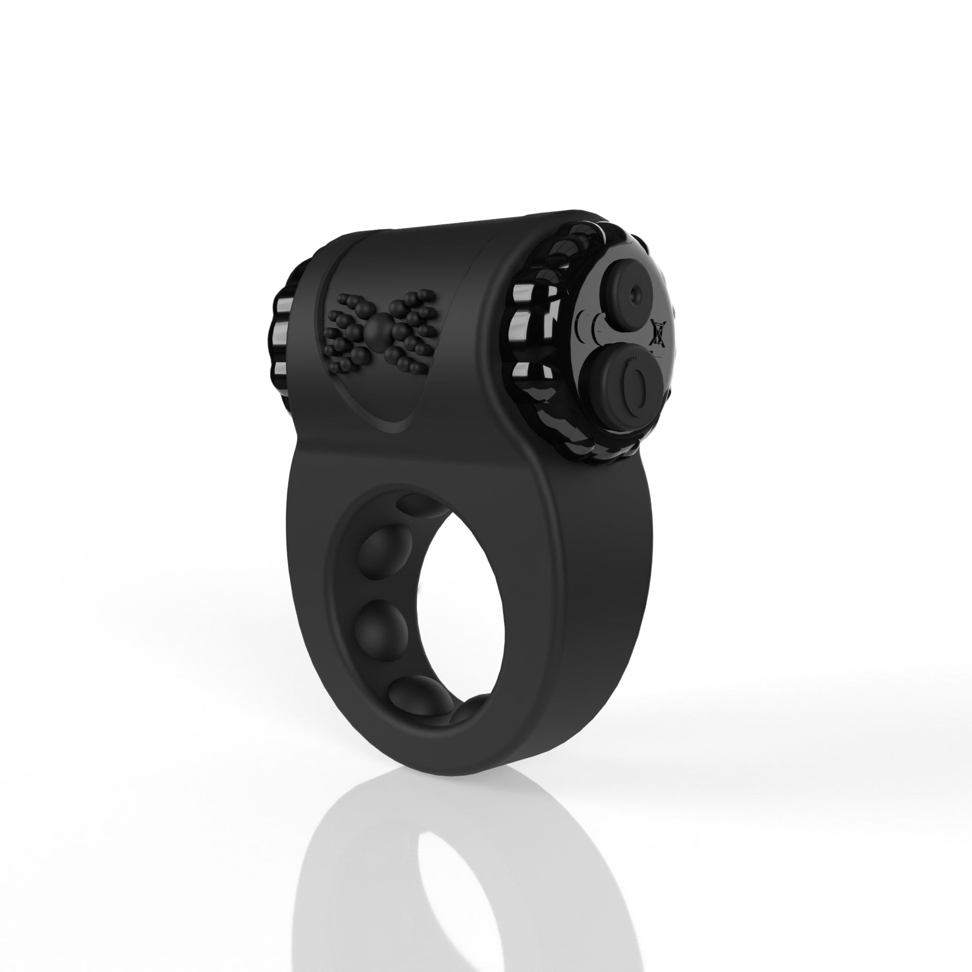 Black rechargeable silicone vibrating ring with textured surface and buttons.