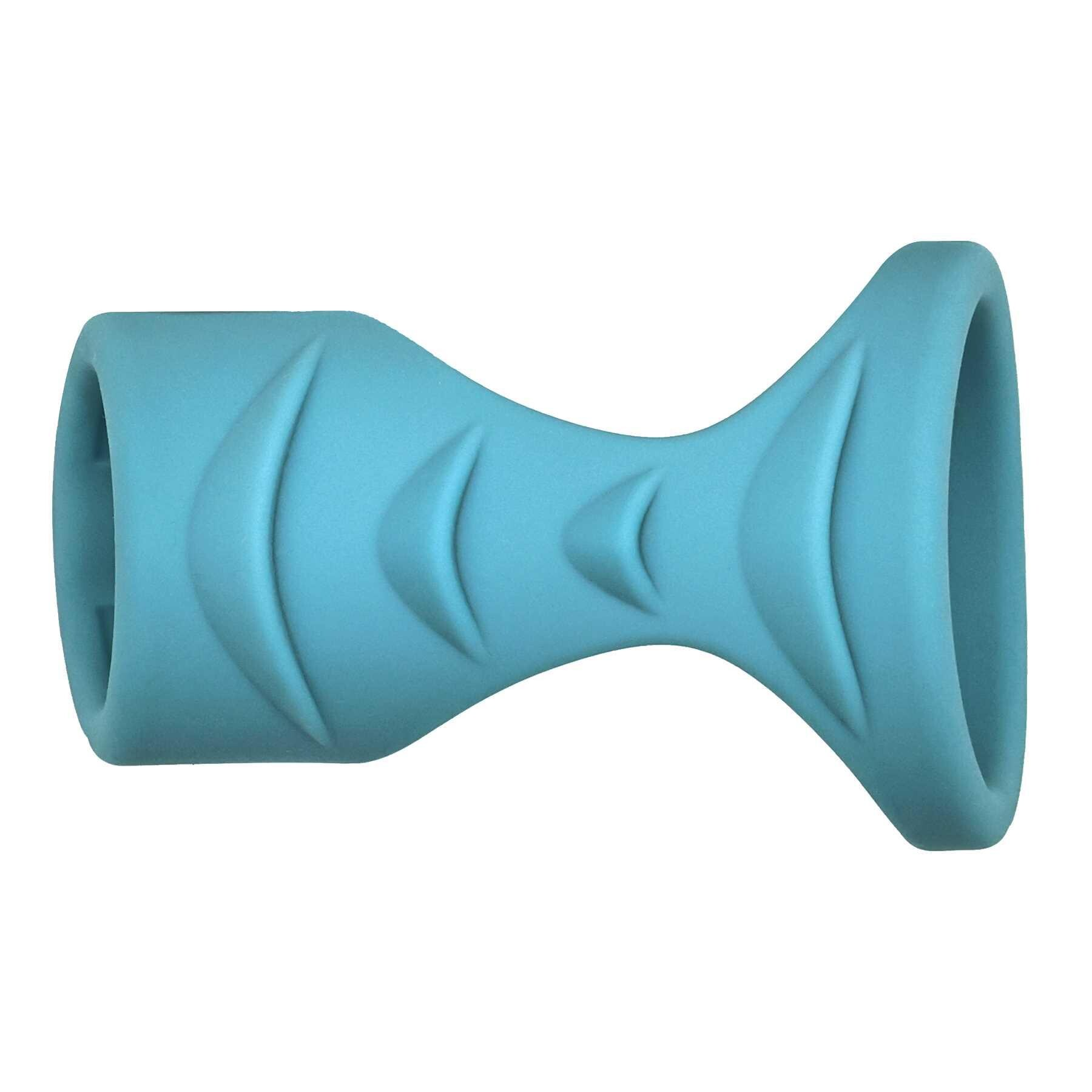 Blue silicone dual-loop ridged cock ring.