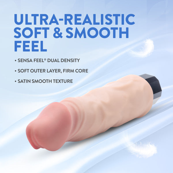 9-inch realistic vibrating dildo in flesh tone with dual-density construction.