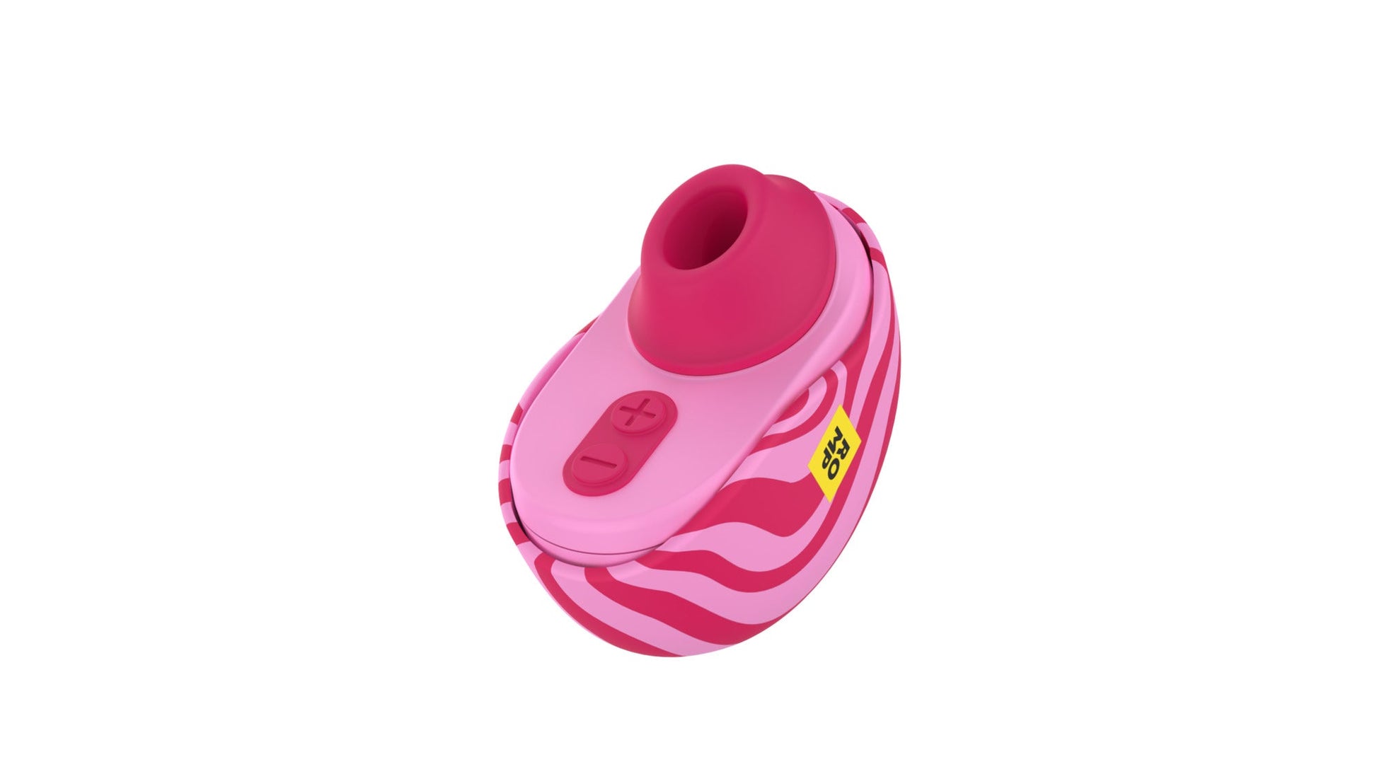 Pink and red striped suction toy with plus and minus buttons.