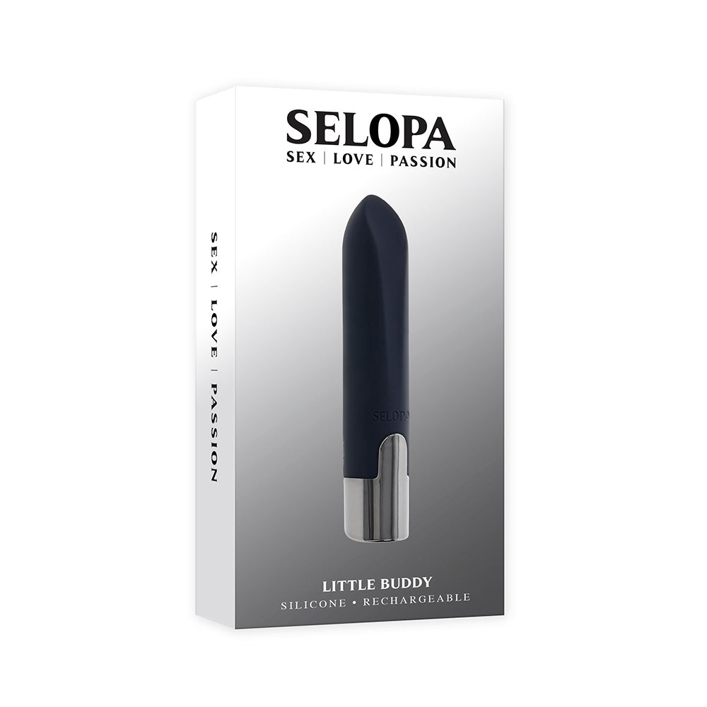 A dark blue silicone bullet vibrator with a silver base, labeled "SELOPA Little Buddy".