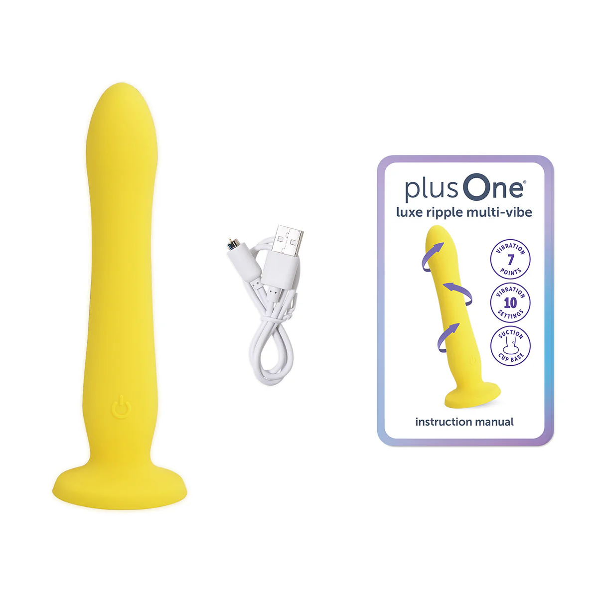 Yellow silicone dildo with USB charging cable and product packaging.