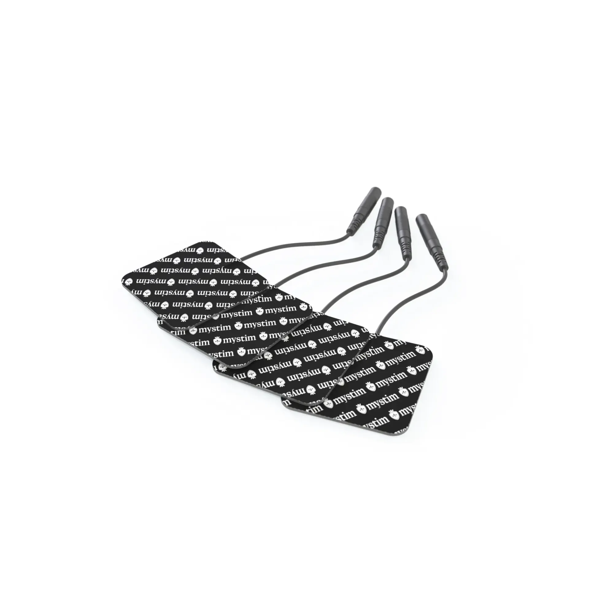 Four black electrode pads with "mystim" branding and attached wires.