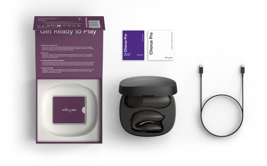 Chorus Pro couples vibrator with haptic remote and charging cable.