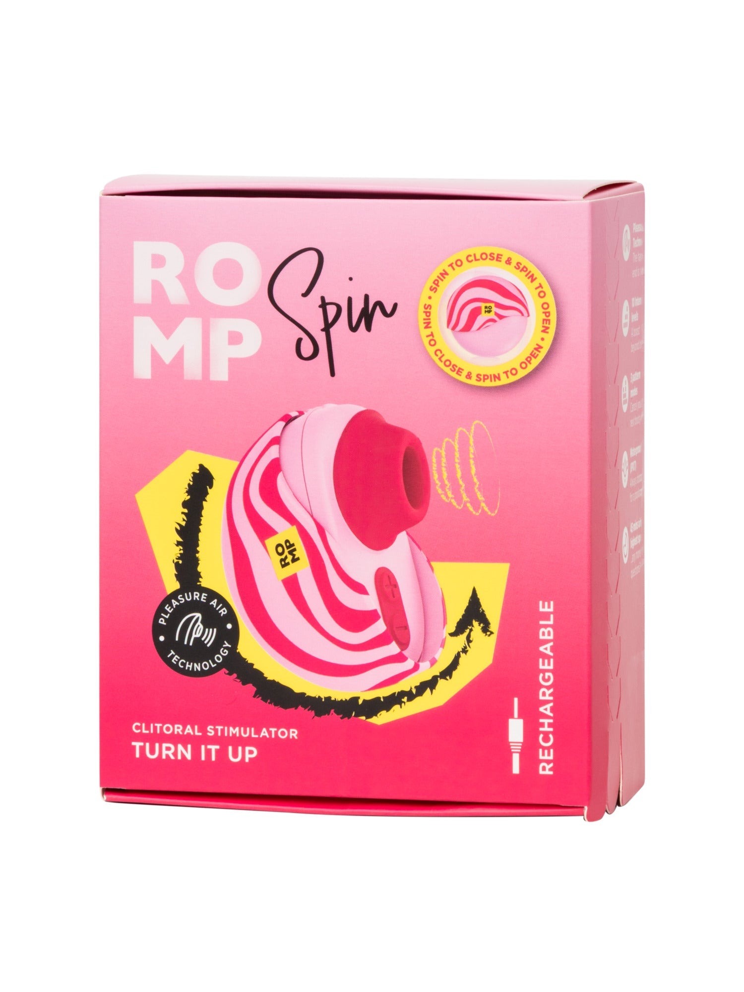 ROMP Spin clitoral stimulator on a pink box with product details.