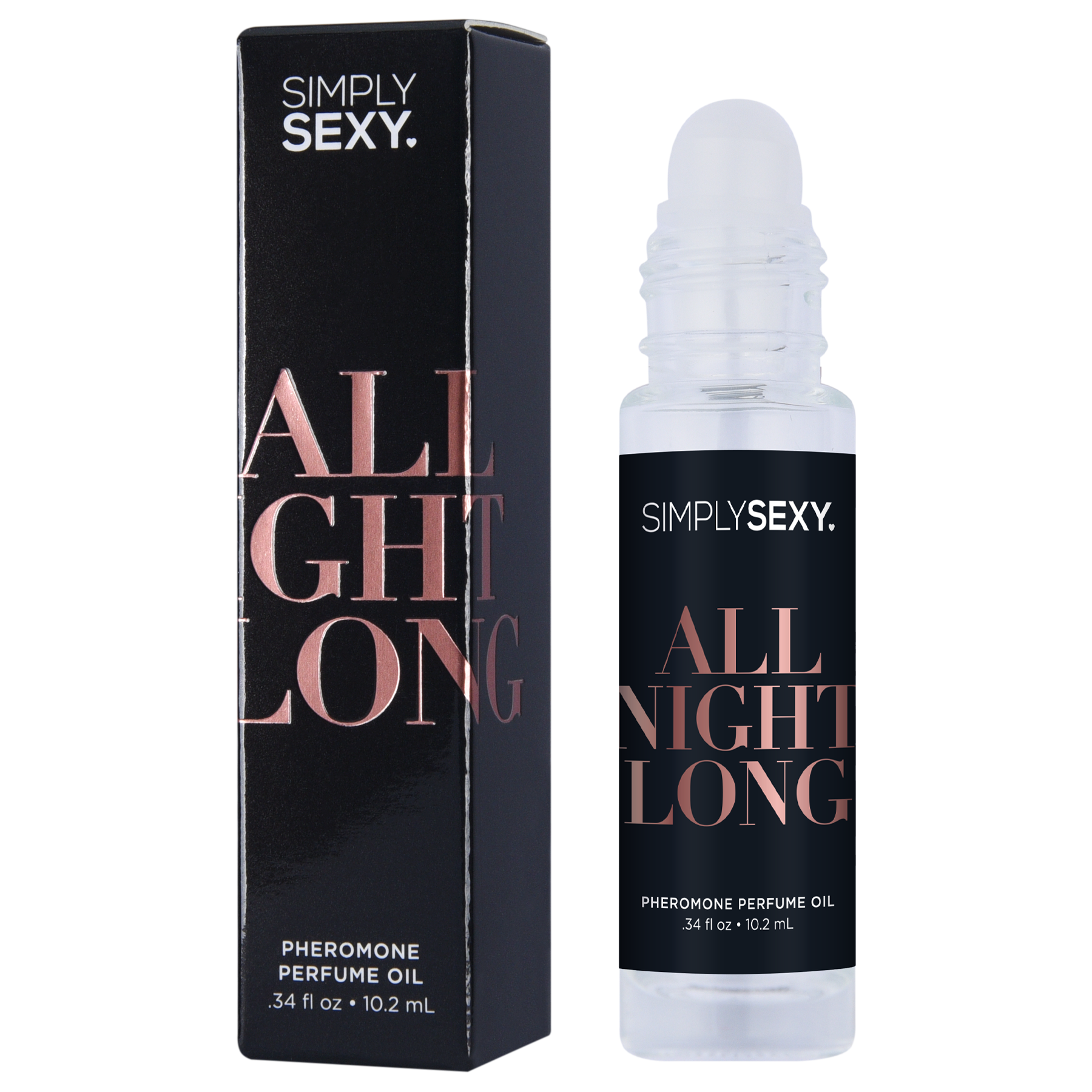 Simply Sexy All Night Long Pheromone Perfume Oil roll-on bottle and box.