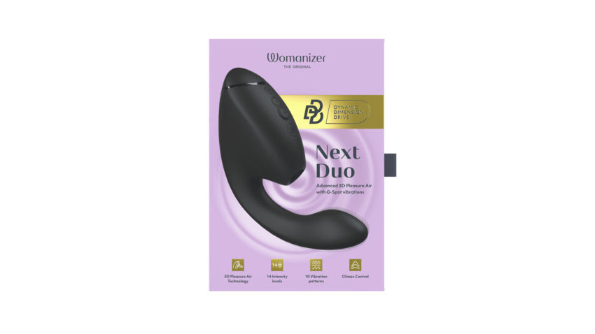 Black Womanizer Next Duo dual stimulator with 3D Pleasure Air and G-spot vibrations.