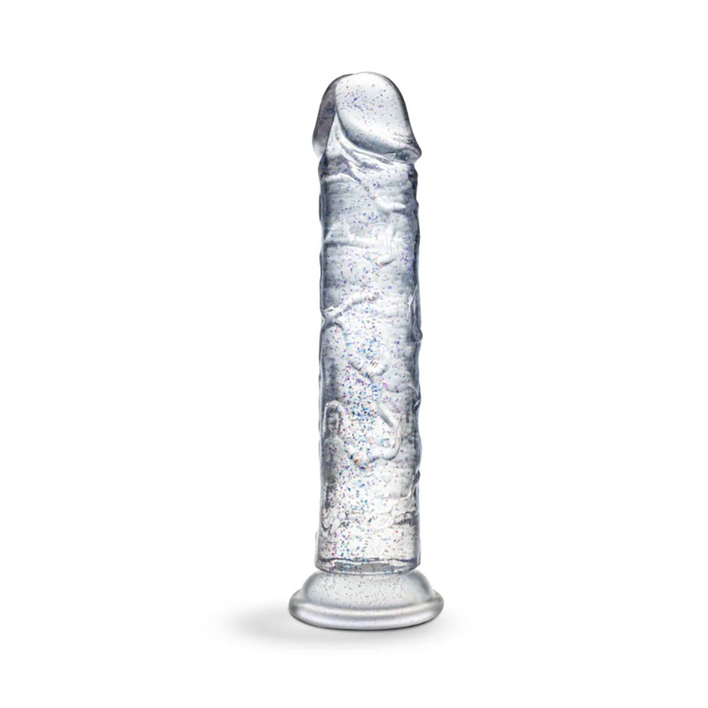 Clear flexible dildo with sparkling glitter, suction cup base, and 6-inch length.