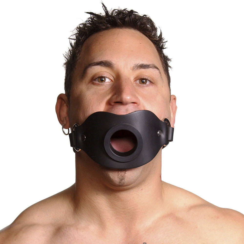 Black leather muzzle-style gag with an open mouth design.