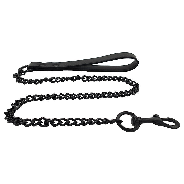Black leather lead with a metal chain and trigger hook.