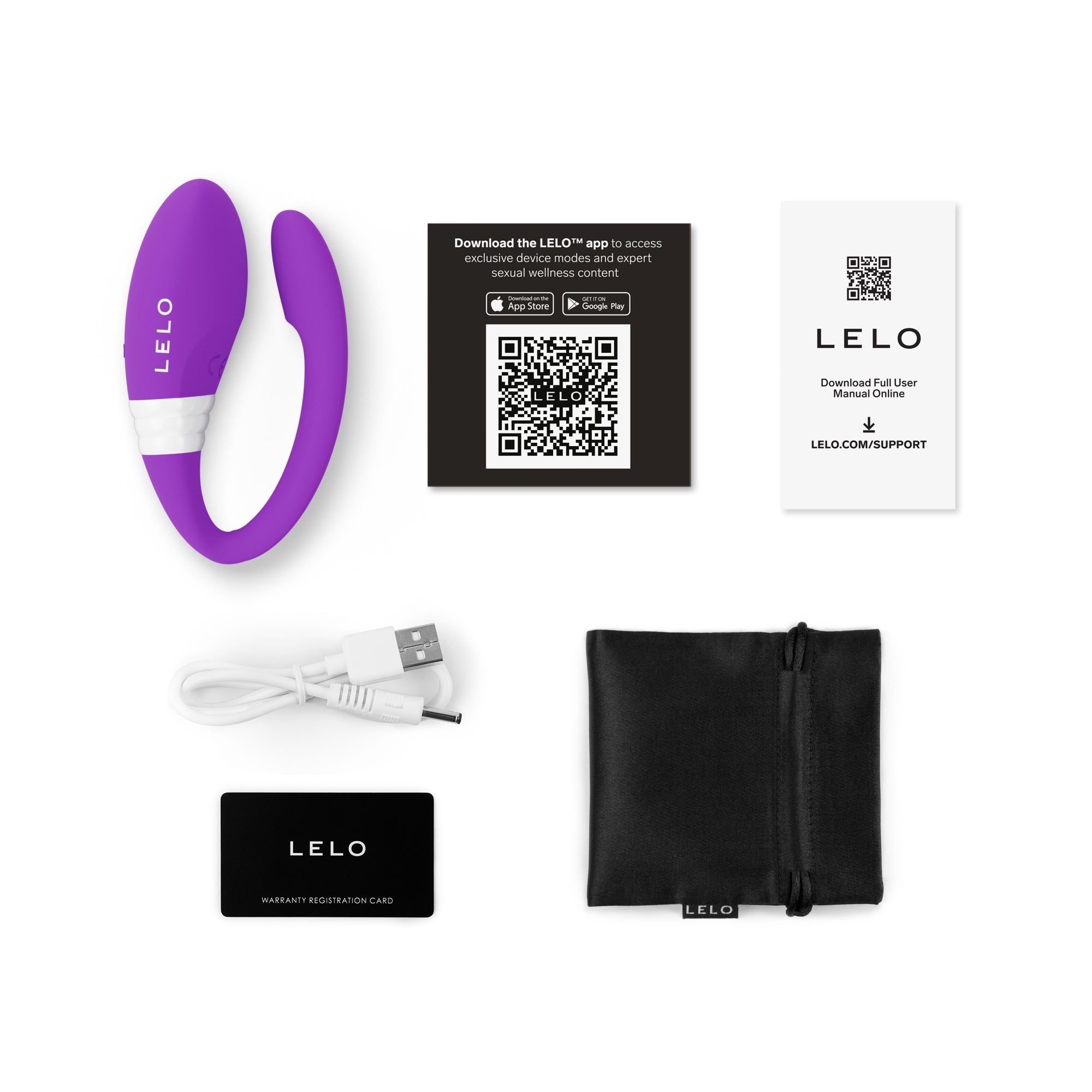 Purple app-controlled wearable couples massager with charging cable, manual, and storage pouch.