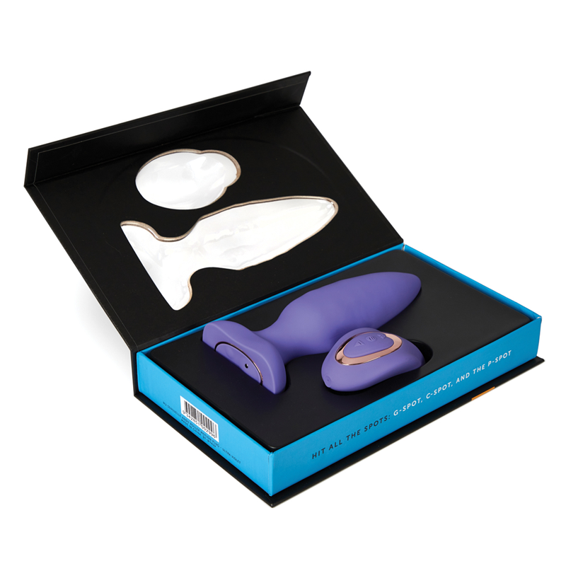 A purple remote-controlled anal plug with a roller and a separate remote in a black and blue box.