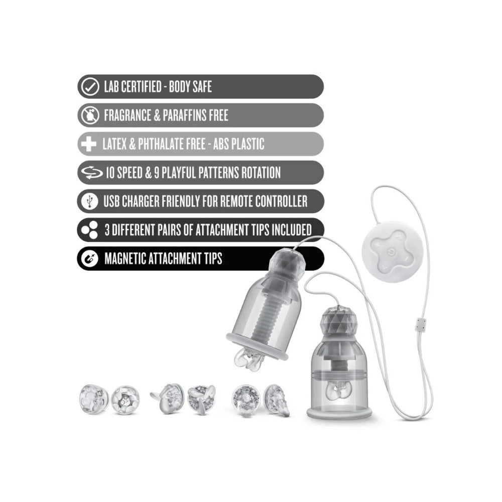 Wearable nipple massager with remote and attachment tips.