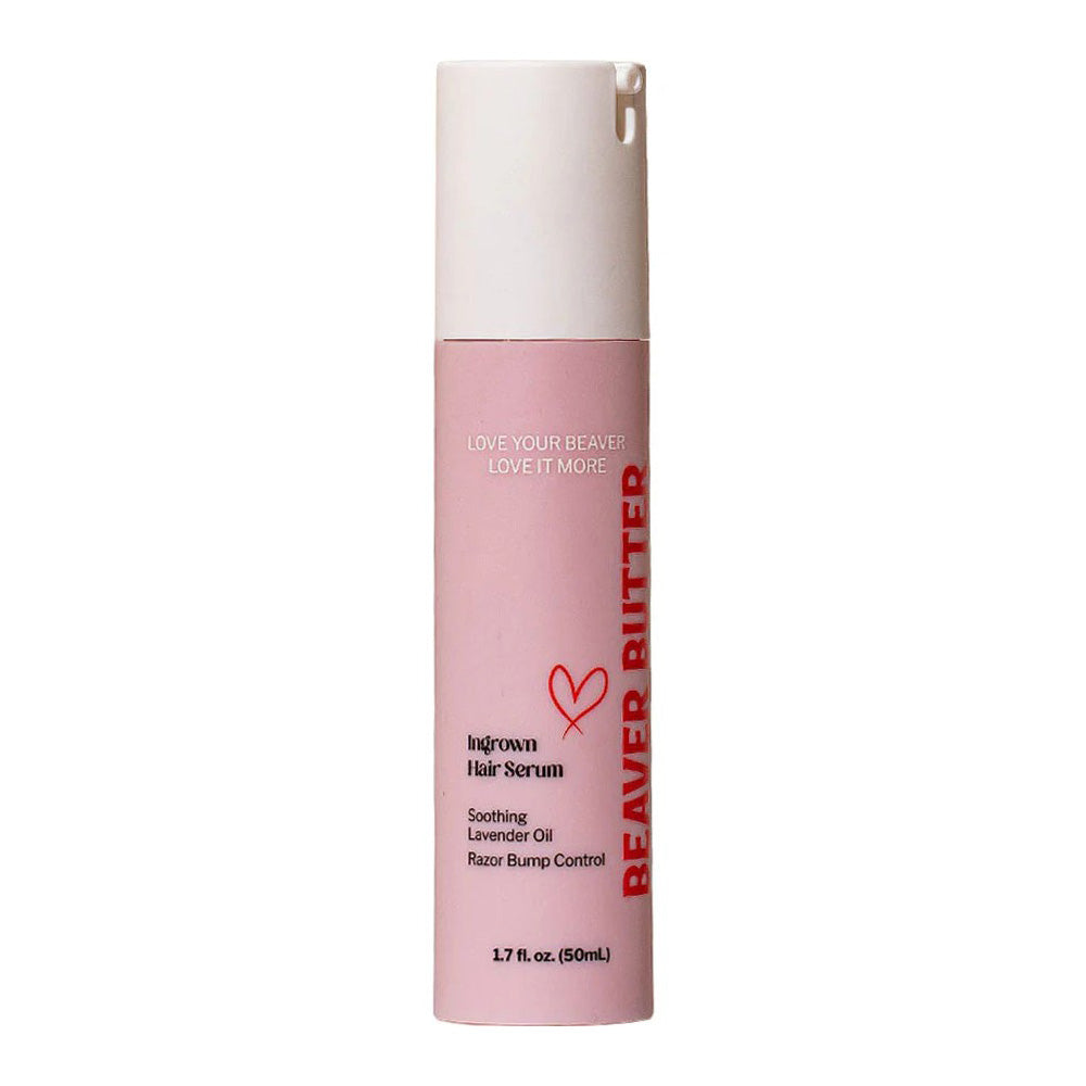 Pink bottle of Beaver Butter Ingrown Hair Serum with white cap.