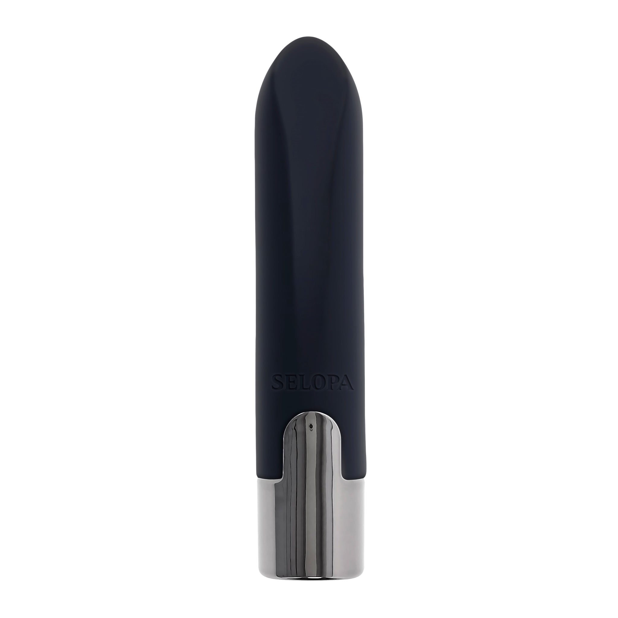Dark blue silicone bullet vibrator with a silver base and "SELOPA" logo.