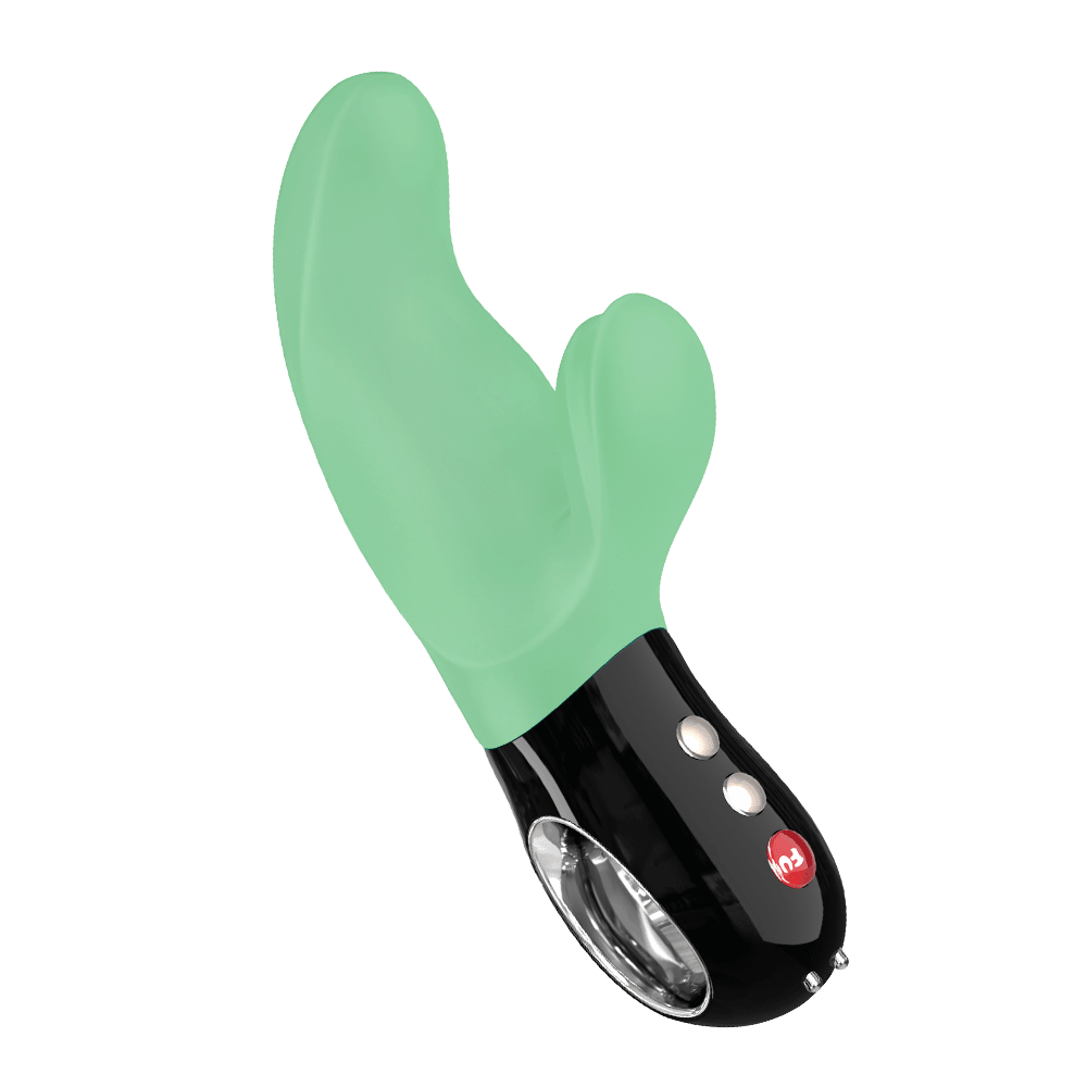 A jade green dual stimulation vibrator with a black base and silver buttons.