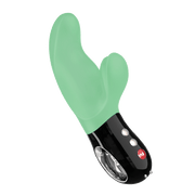 A jade green dual stimulation vibrator with a black base and silver buttons.