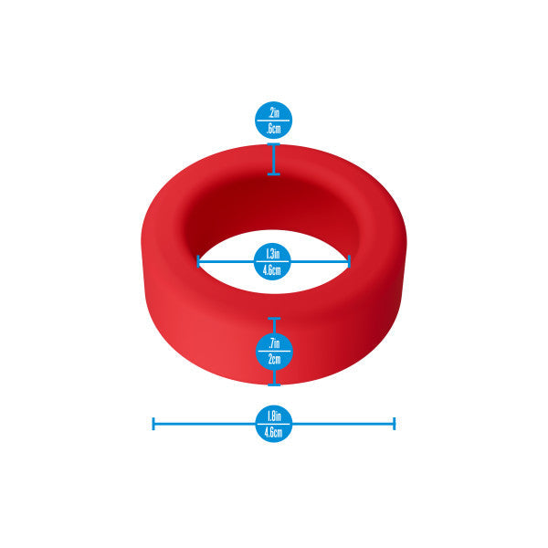 Red silicone cock ring with size measurements.