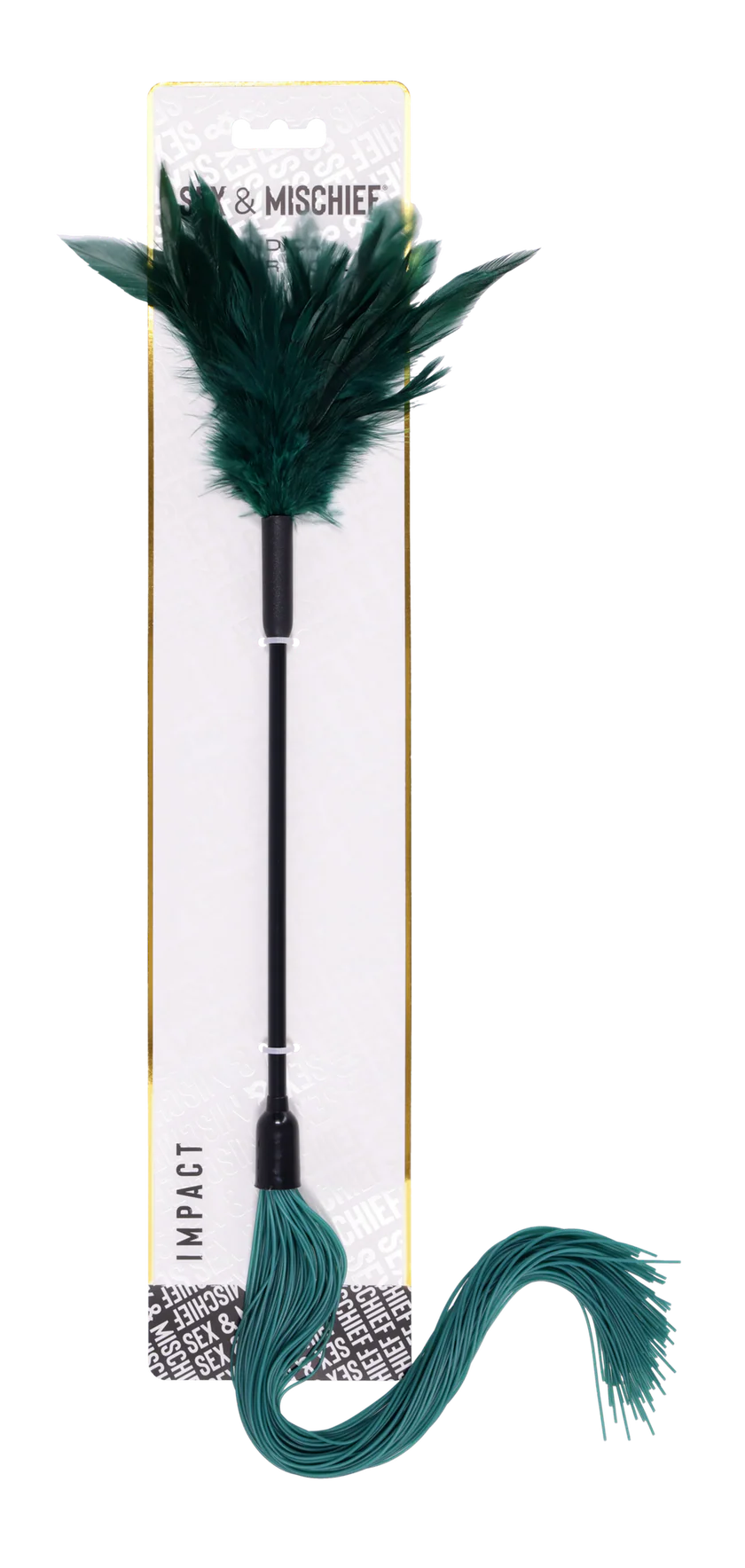 A green feather tickler on one end and a teal silicone teaser on the other.