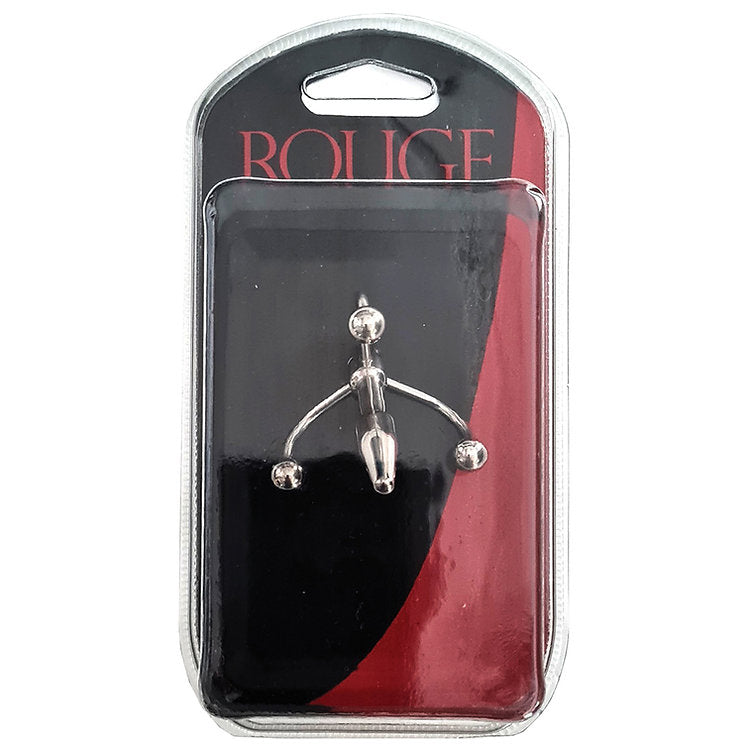 Stainless steel penis plug with triple hook and spinning crown, in Rouge packaging.