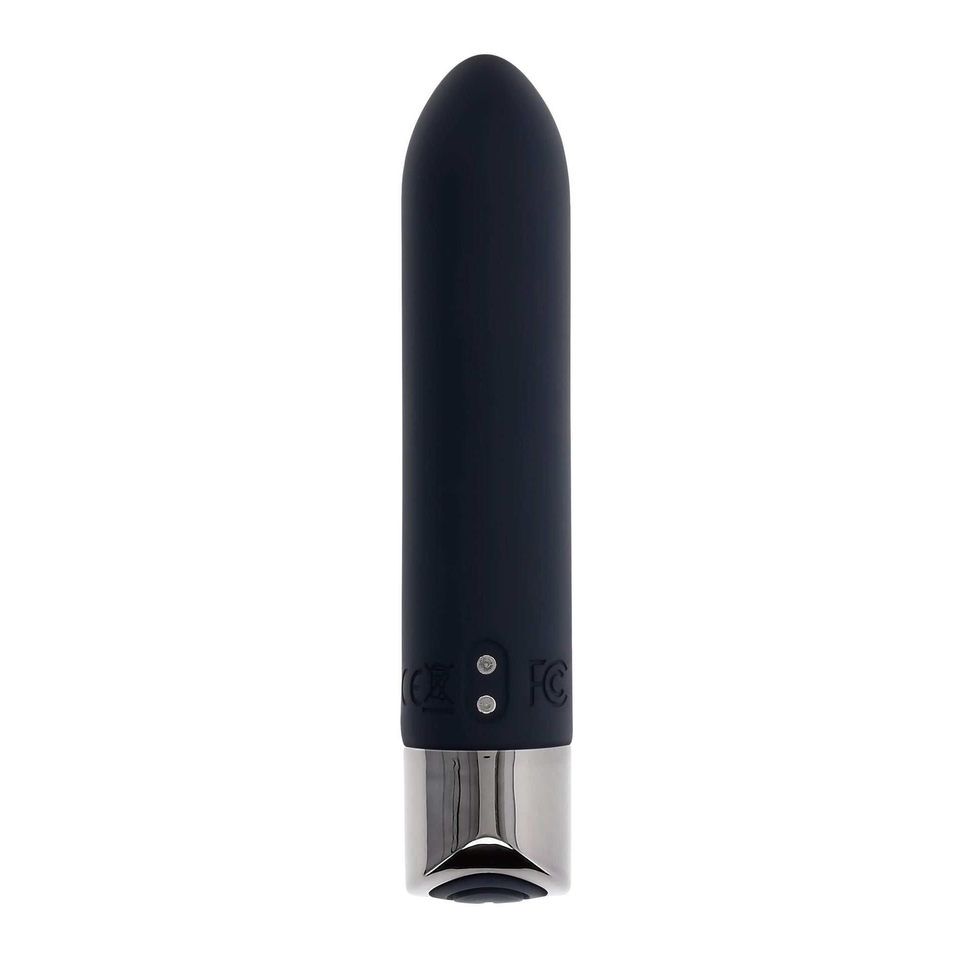 A dark blue silicone bullet vibrator with a silver base.
