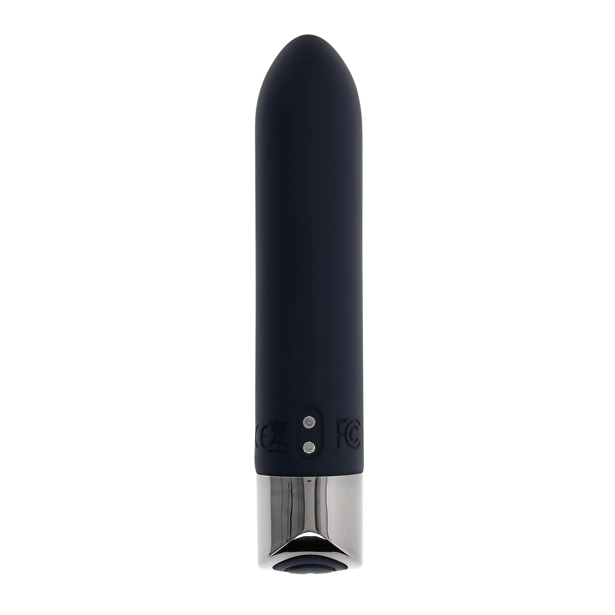 A dark blue silicone bullet vibrator with a silver base.