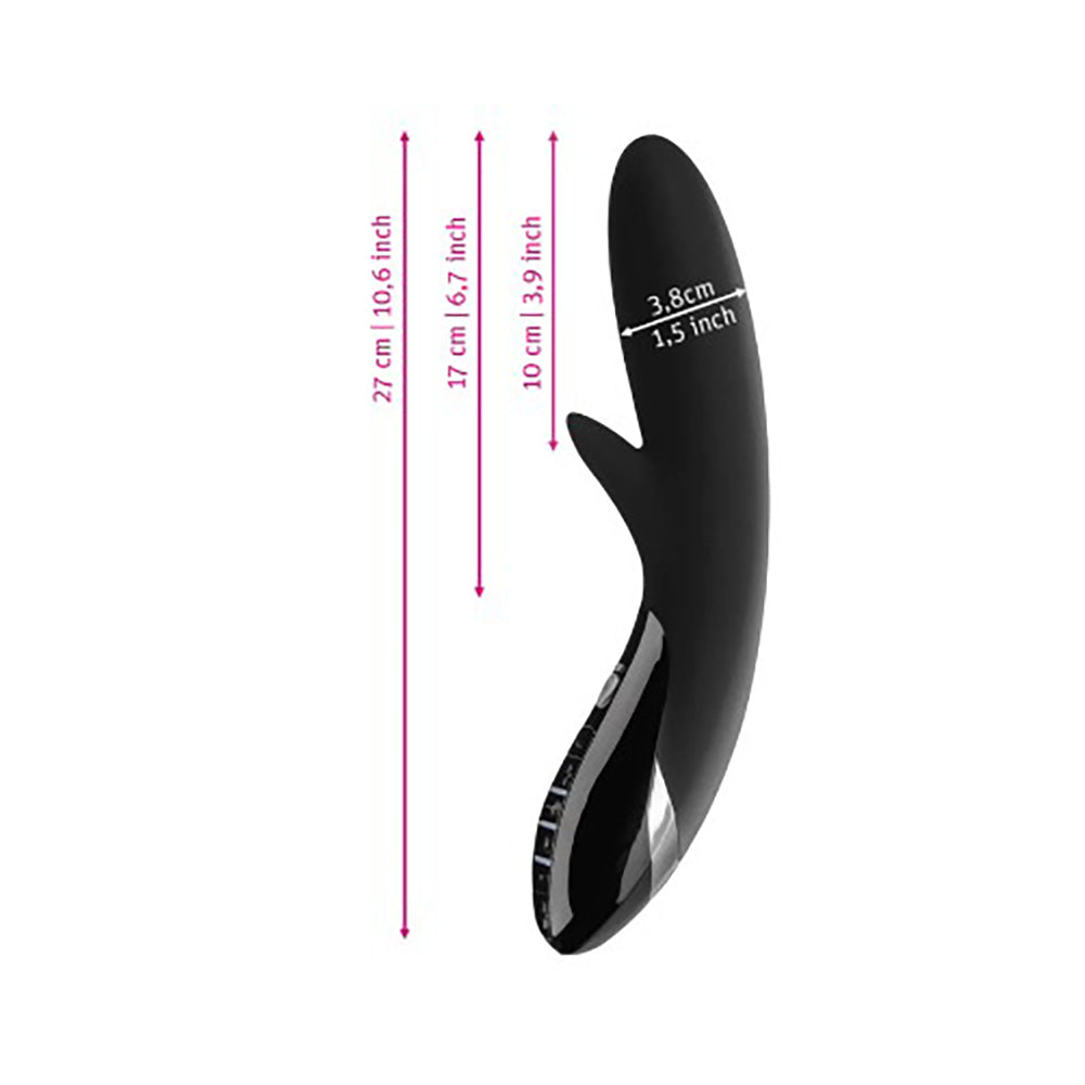 Black silicone vibrator with size measurements.