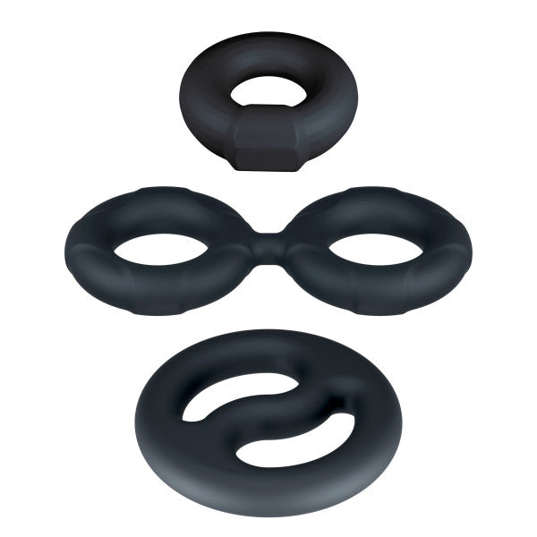 Three black silicone rings of varying shapes for enhanced pleasure.