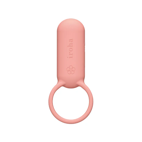 Coral pink vibrating ring with a loop and the "iroha" logo.