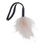 Wrist feather tickler with a black cord and soft cream feathers.